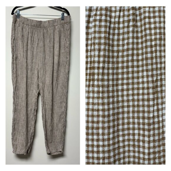 Eileen Fisher Pants - EILEEN FISHER 100% Organic Linen Tan/White Gingham Print Pull-On Pants, Sz M